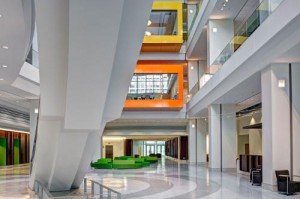 The atrium of the NIH's John Edward Porter Neuroscience Research Center (Phase II), designed by Perkins Will, a super-green facility that opened in March 2014 to support scientific innovation and meet new U.S. energy standards.  