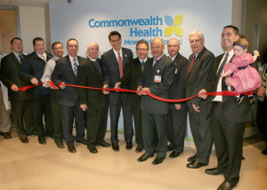 From left, State Rep. Marty Flynn; Lackawanna County Commissioner Patrick O’Malley; Richard Bradshaw, executive director of the Ronald McDonald House of Scranton; Scranton Mayor William Courtright; Reverend Dan Jones, pastoral care coordinator of Moses Taylor Hospital; Cor Catena, CEO, Commonwealth Health; Stanley Blondek, M.D., pediatrician; Mikhail Mirer, M.D., pediatric hospitalist, Penn State Hershey; Ron Ziobro, assistant CEO, Moses Taylor; Doug Allen, chairman, Moses Taylor Board of Trustees and Justin Davis, CEO, holding his daughter Serafina. 
