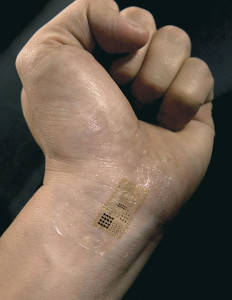 Ultrathin, skin-like electronics that mount on the epidermis like a temporary transfer tattoo can provide advanced functionality relevant to continuous, precision monitoring of physiological health. Image: Rogers Research Group